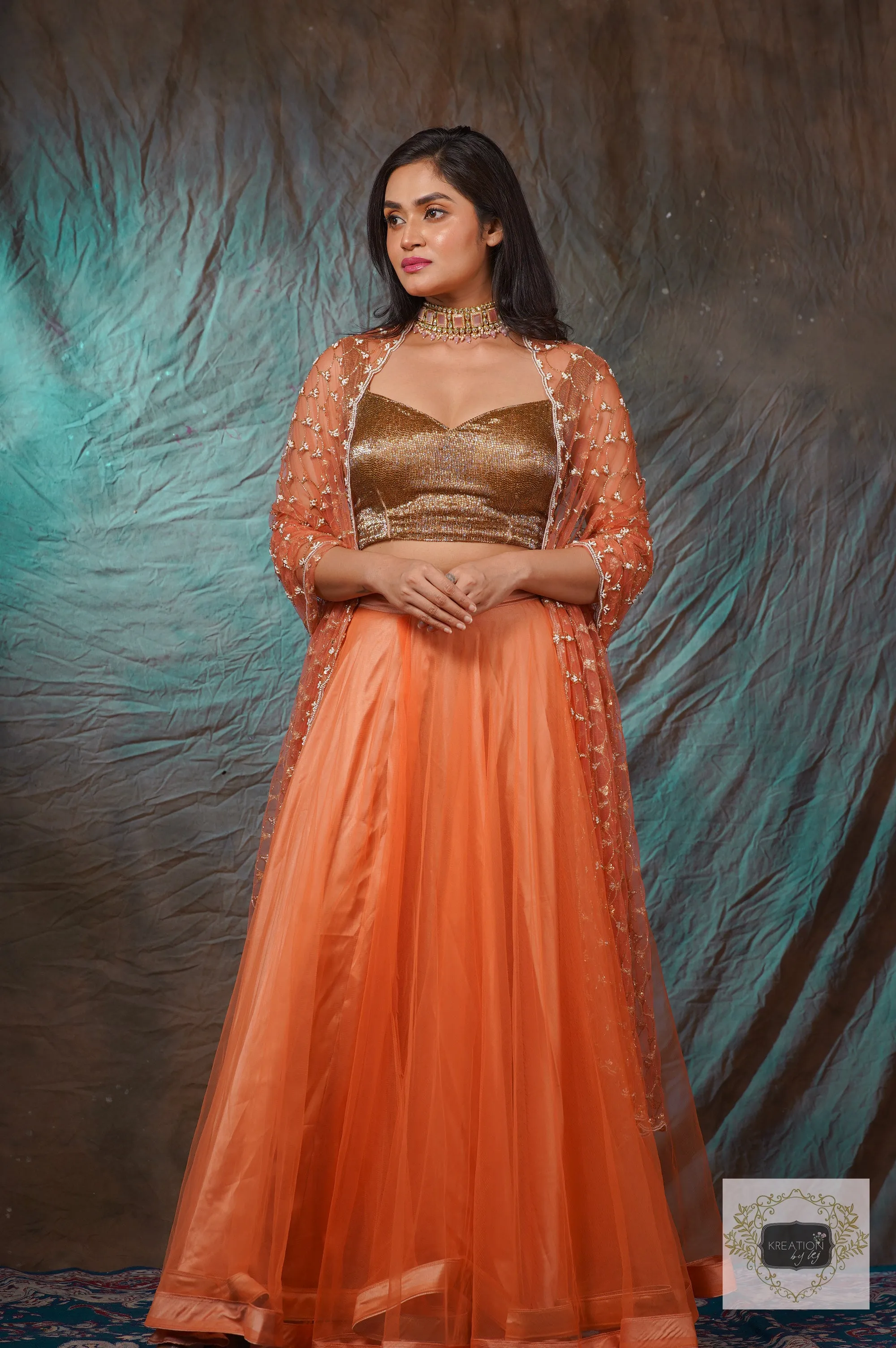 Coral Handembroidered Double Flared Lehenga Set