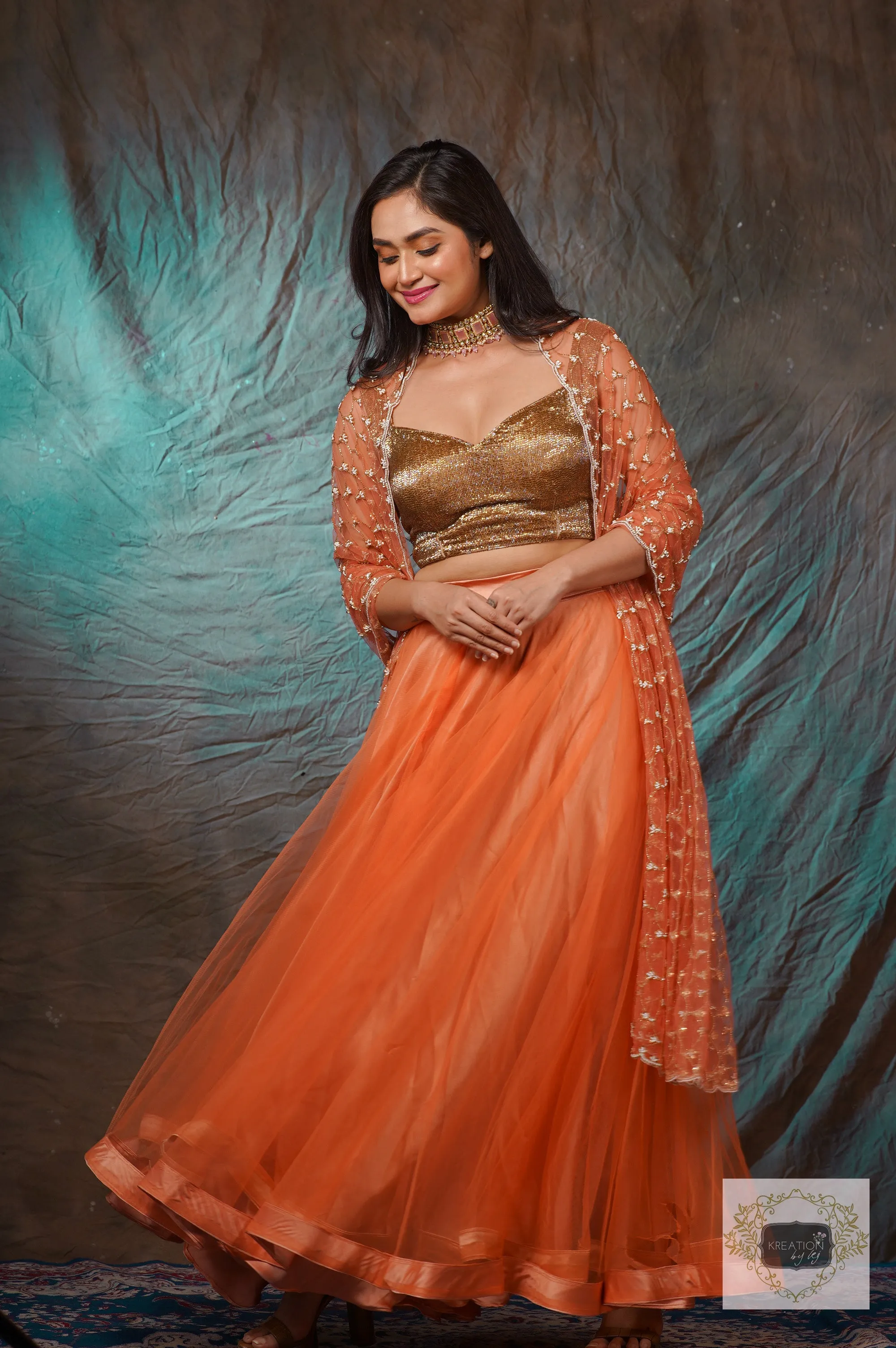 Coral Handembroidered Double Flared Lehenga Set