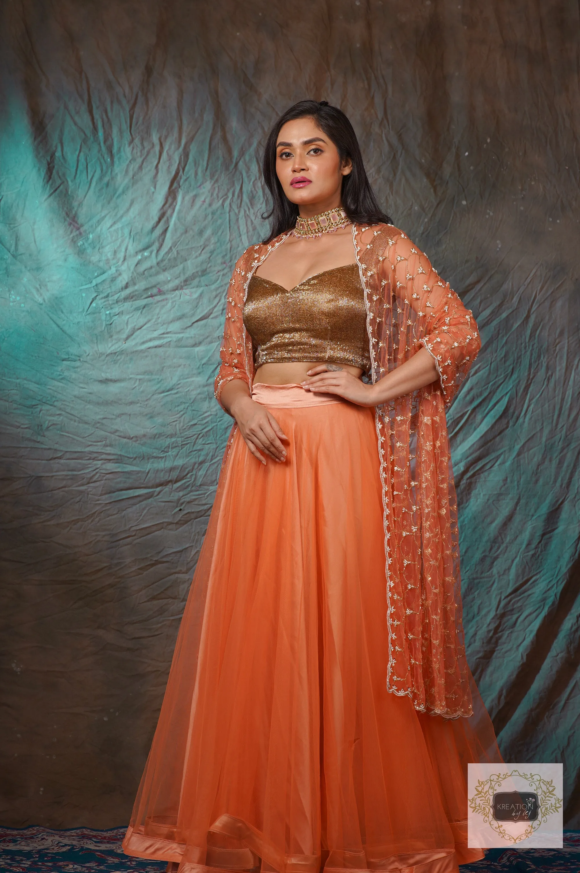 Coral Handembroidered Double Flared Lehenga Set