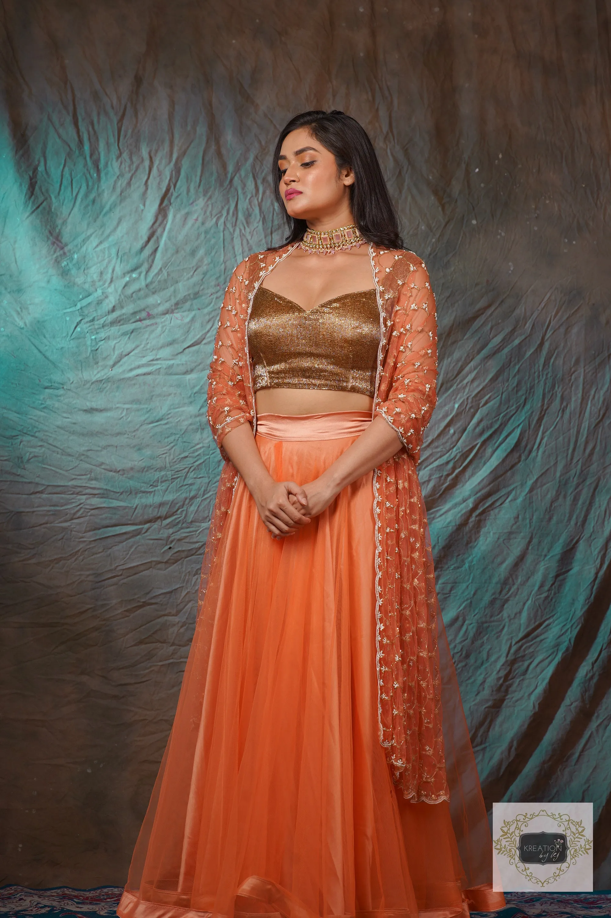 Coral Handembroidered Double Flared Lehenga Set