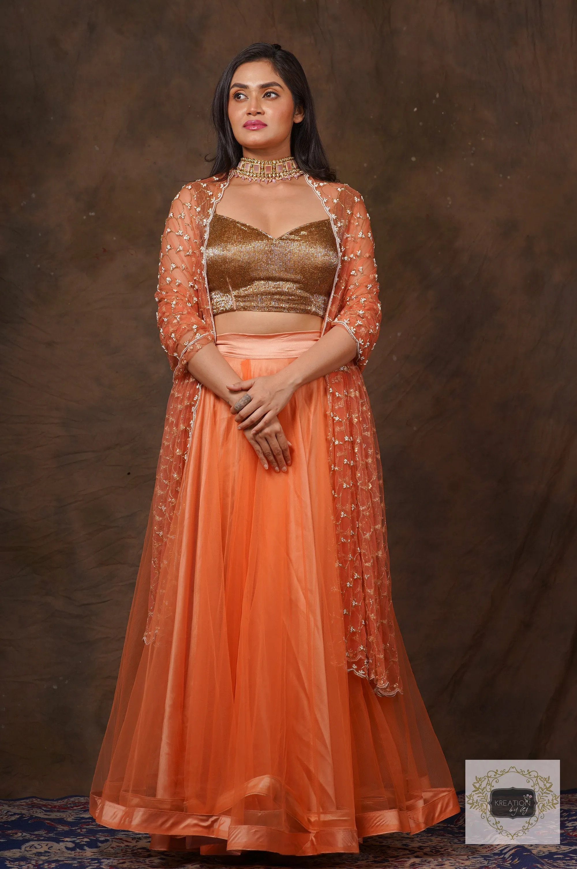 Coral Handembroidered Double Flared Lehenga Set