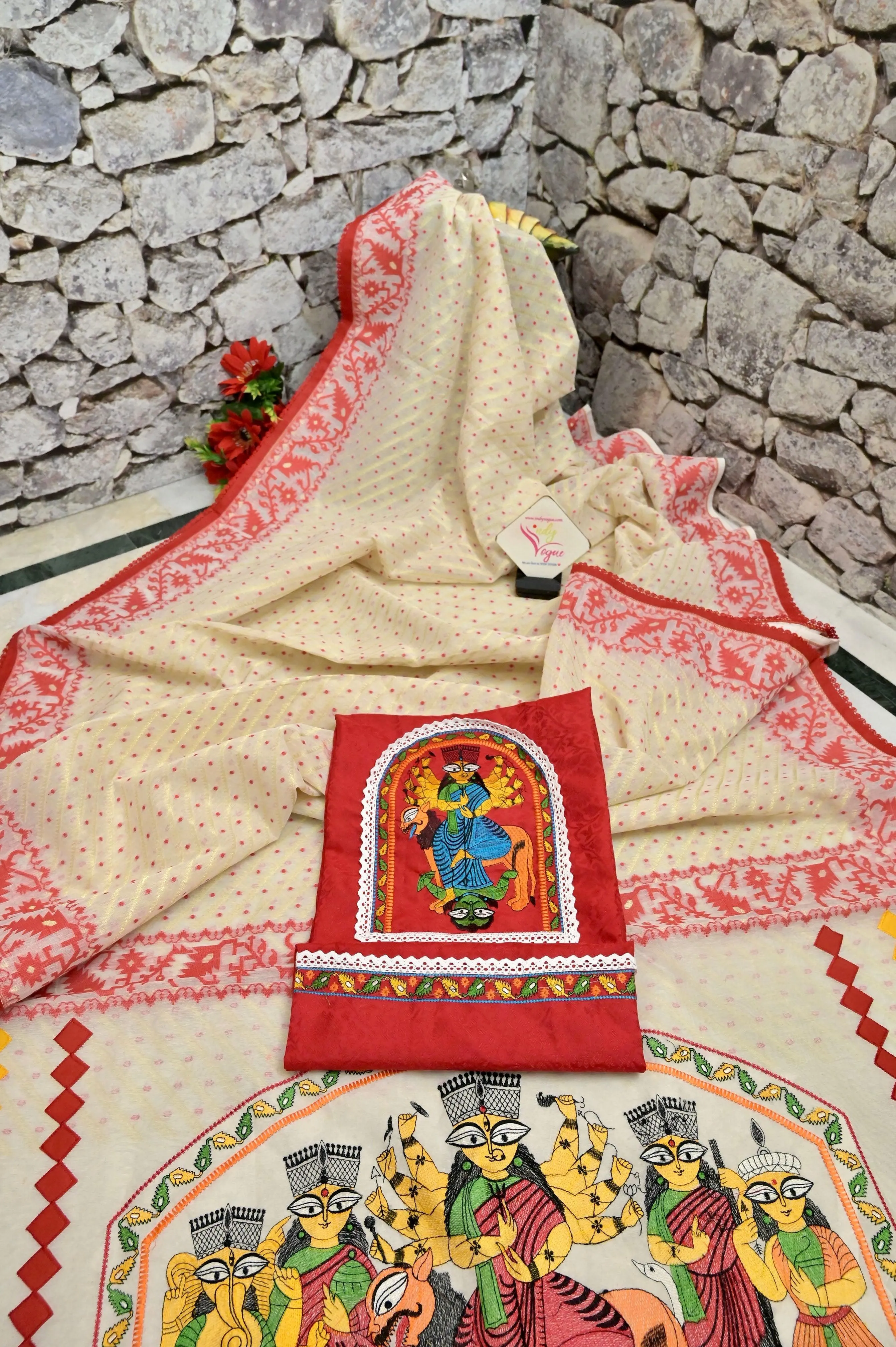 Cream and Red Color Designer Durga Jamdani Saree with Embroidered Durga Family on Pallu