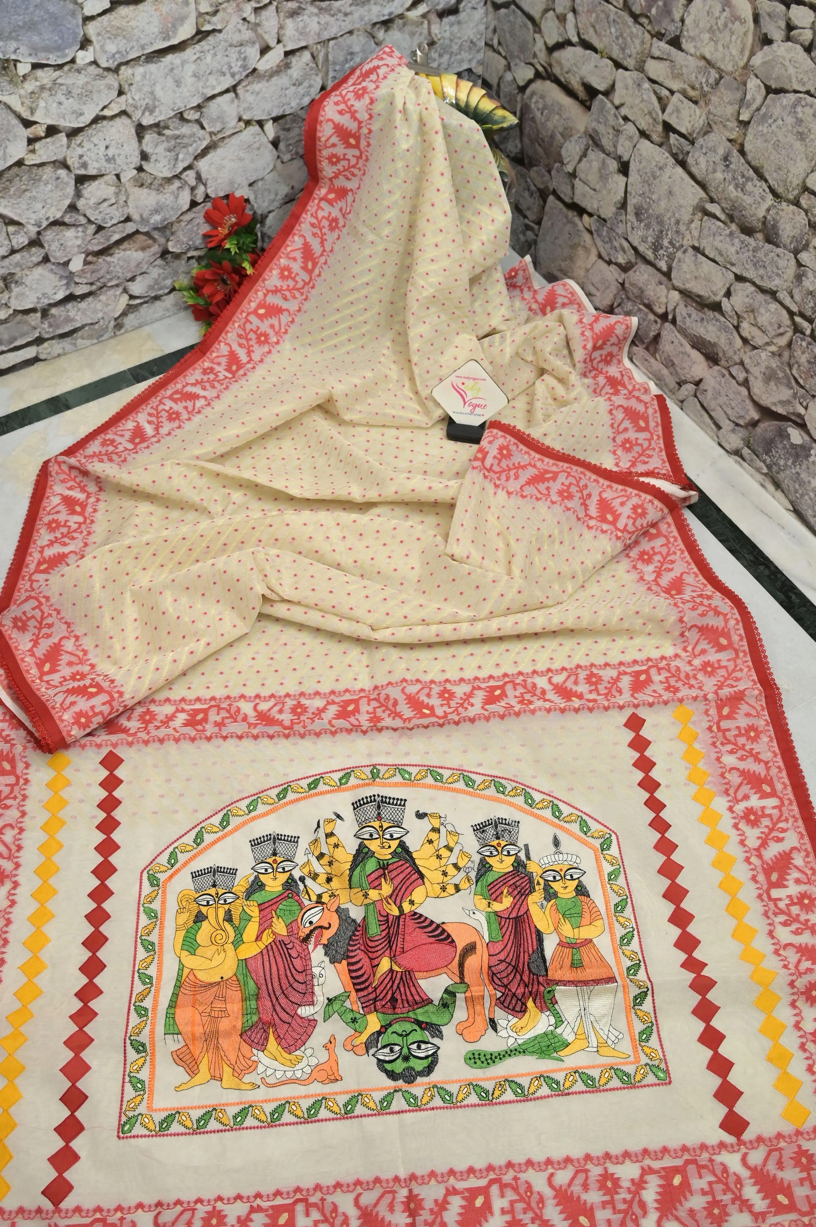 Cream and Red Color Designer Durga Jamdani Saree with Embroidered Durga Family on Pallu