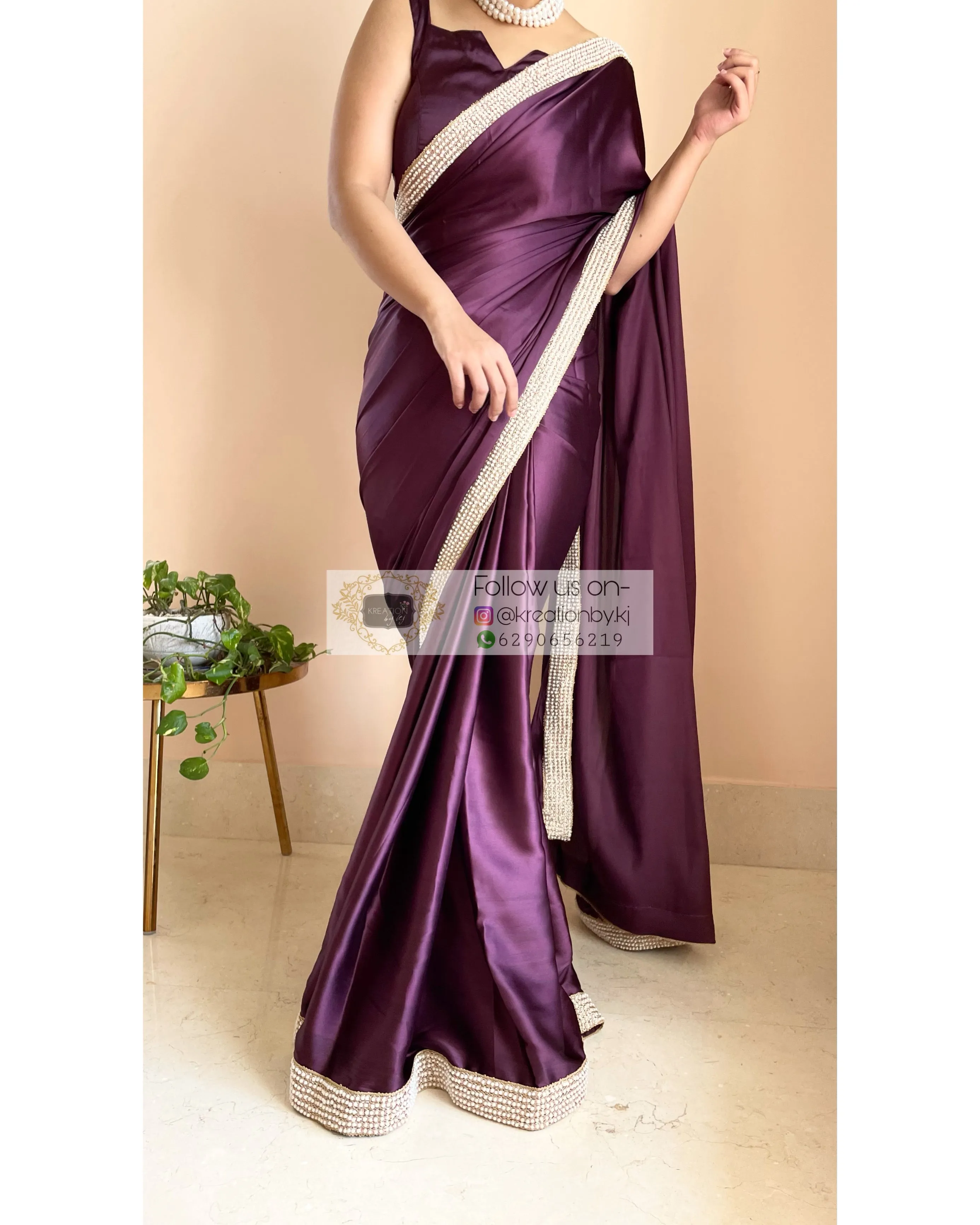 Dark Eggplant Wine Mother Of Pearl Saree