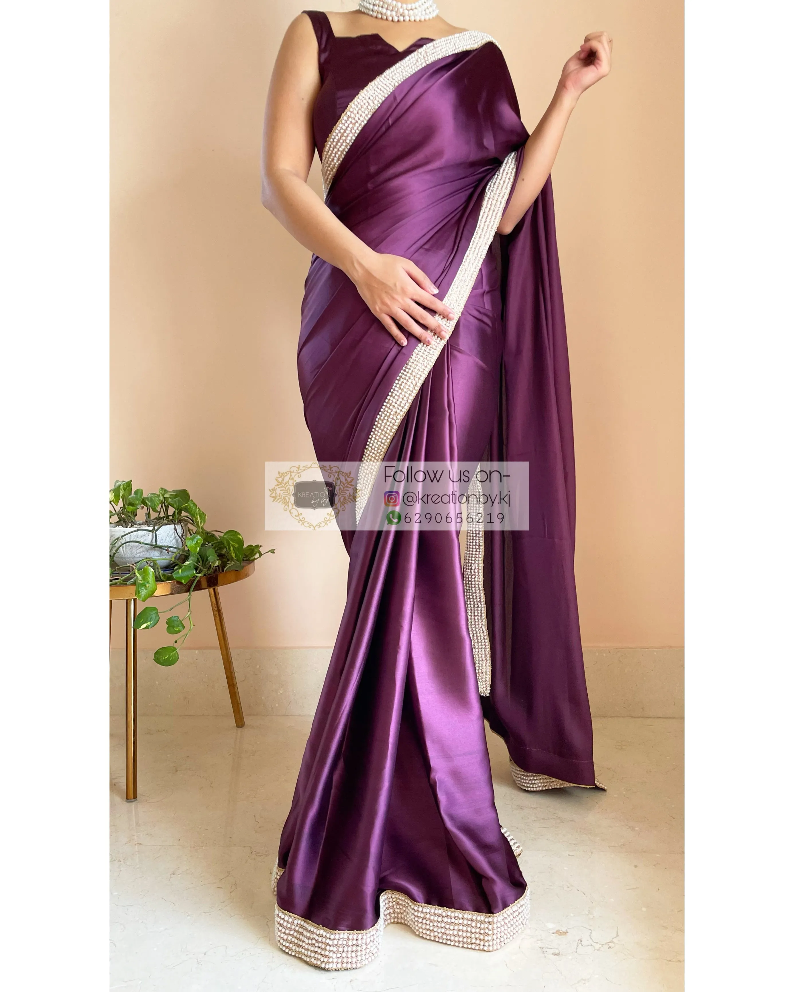 Dark Eggplant Wine Mother Of Pearl Saree