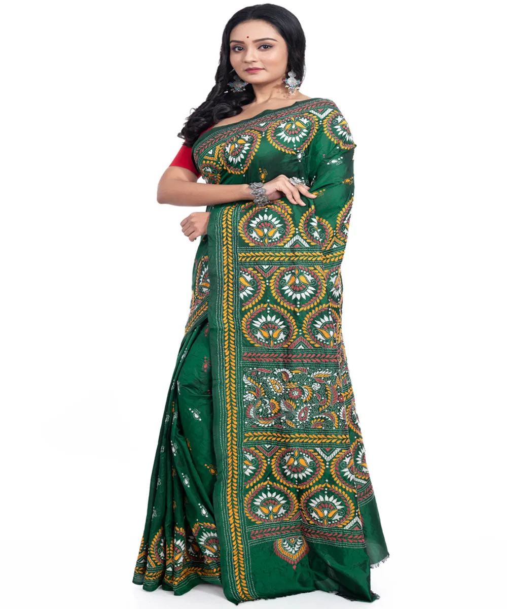 Dark green handwoven silk kantha stitch saree