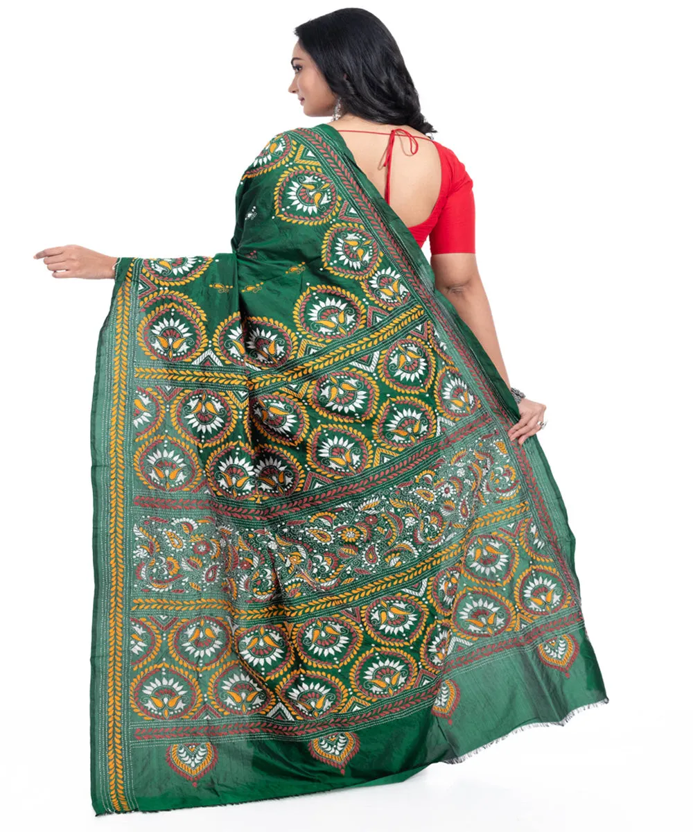 Dark green handwoven silk kantha stitch saree