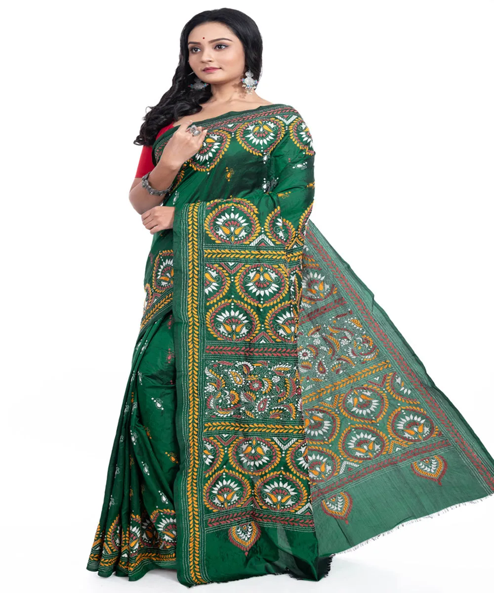 Dark green handwoven silk kantha stitch saree