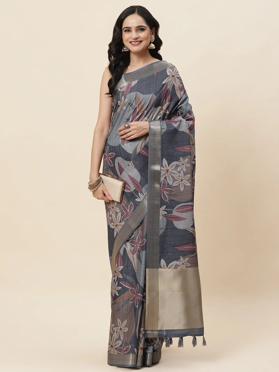 Digital Floral Printed Tussar Saree