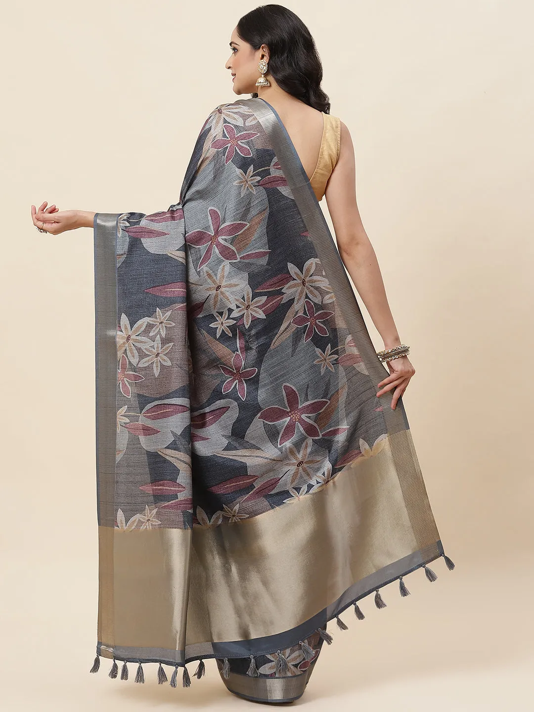 Digital Floral Printed Tussar Saree