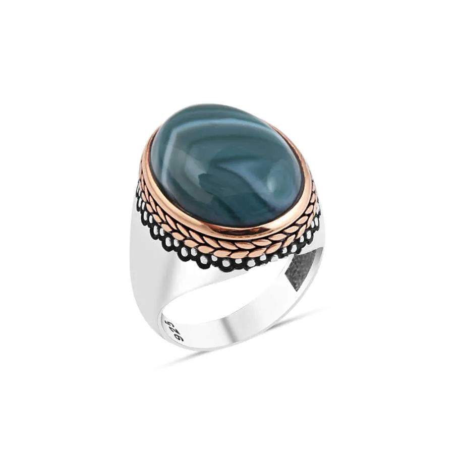 Domic Green Agate Stone Ellipse Silver Men's Ring with Pointed and Braid Top Pattern