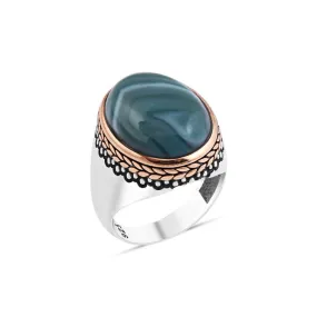 Domic Green Agate Stone Ellipse Silver Men's Ring with Pointed and Braid Top Pattern