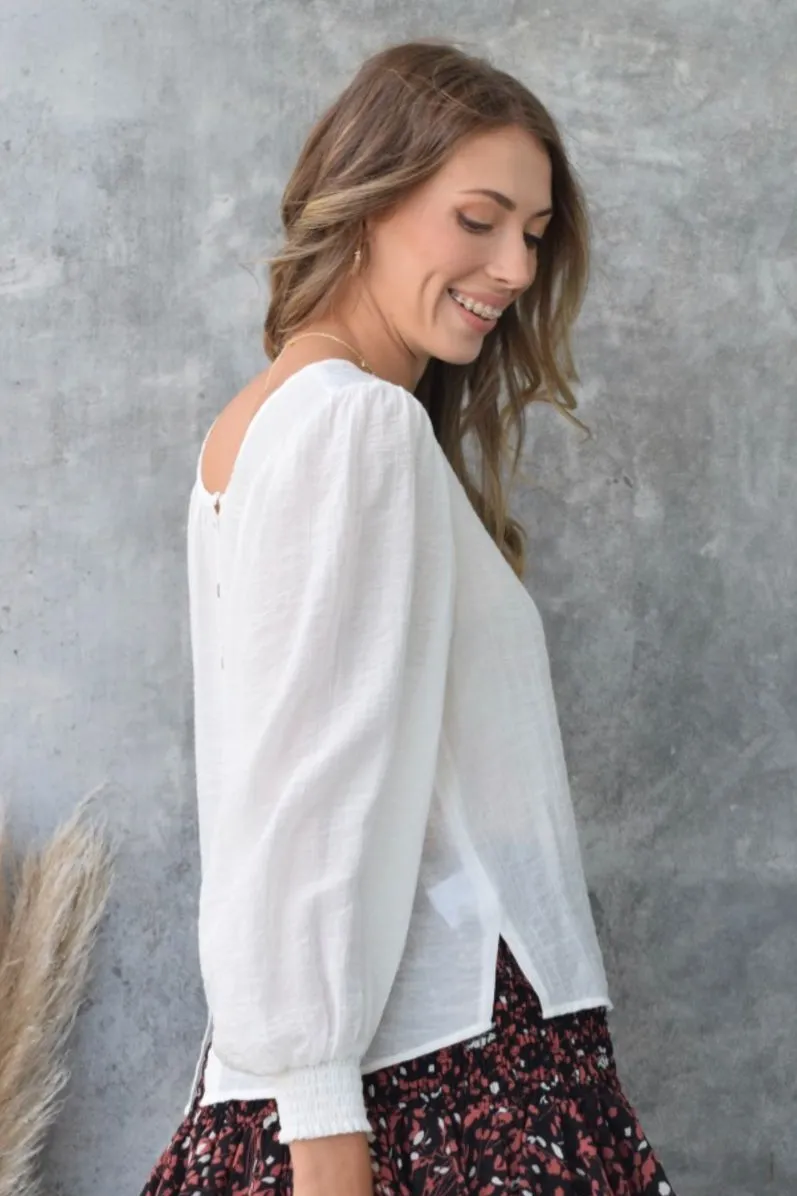 Easy Going Reversible Ivory Textured Shirred Puff Sleeve Top