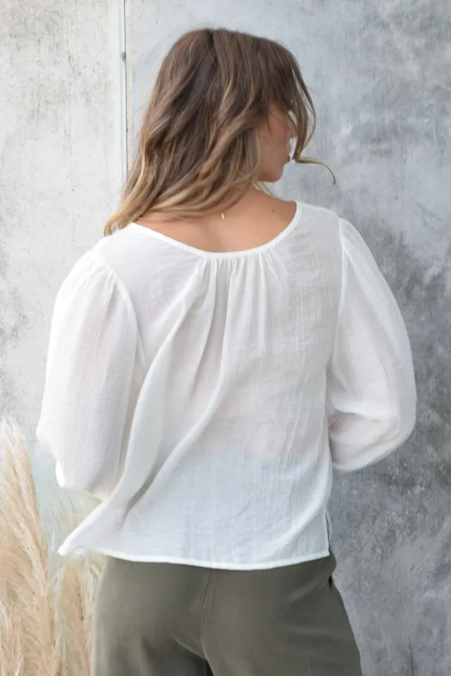 Easy Going Reversible Ivory Textured Shirred Puff Sleeve Top