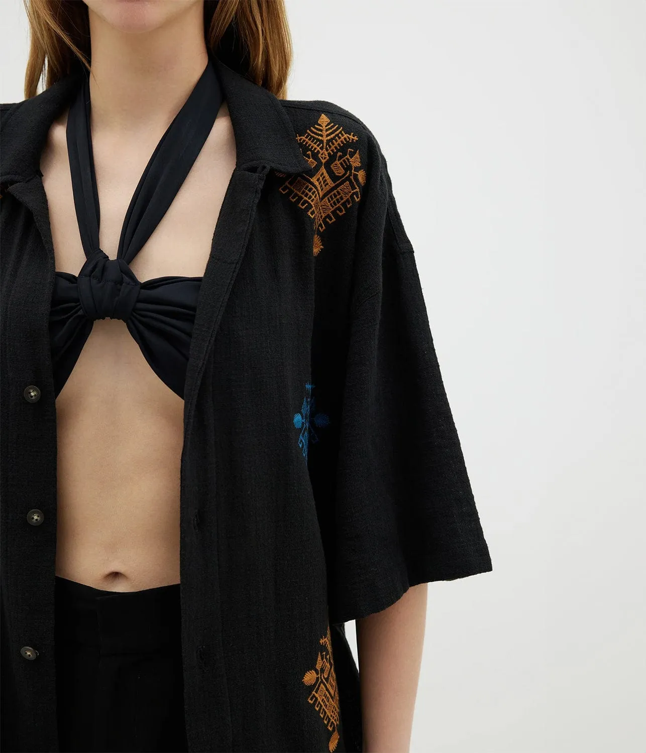 EMBROIDERED GAUZE SHIRT- BLACK