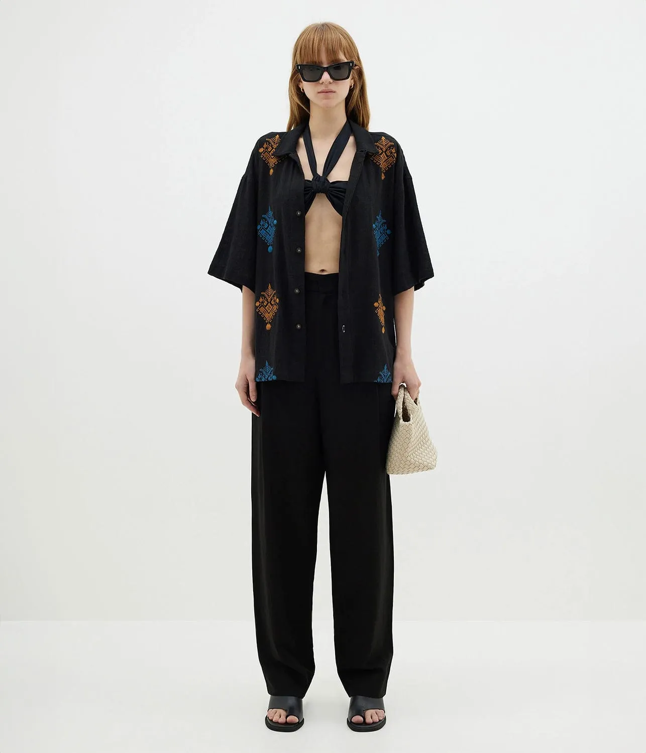 EMBROIDERED GAUZE SHIRT- BLACK