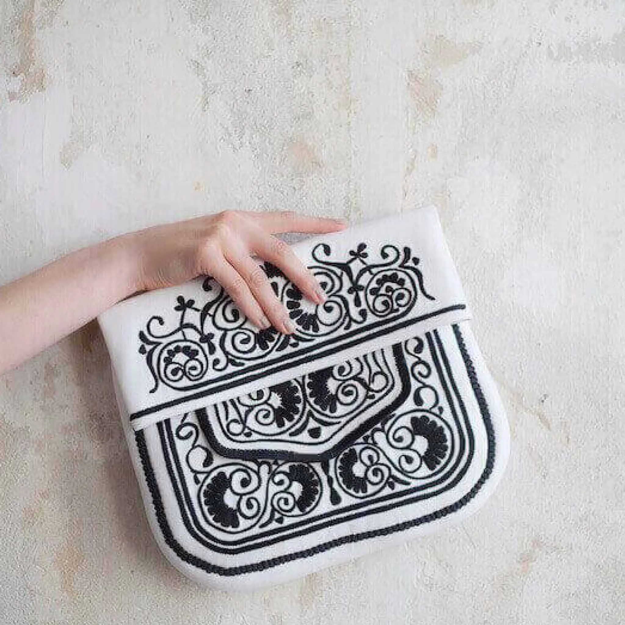 Embroidered Leather Berber Bag in White, Black