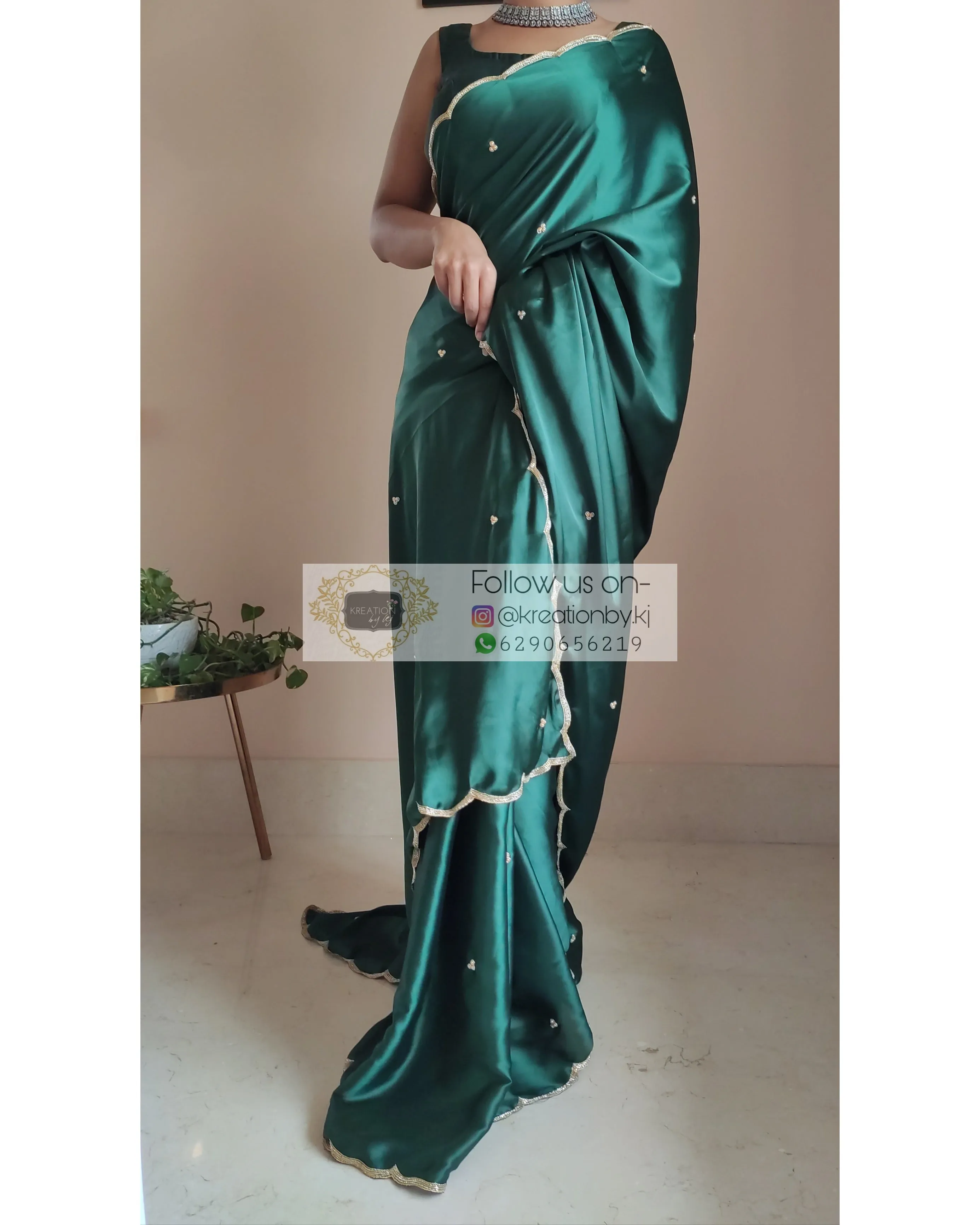 Emerald Green Satin Silk Saree With Handembroidered Scalloping