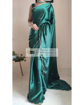 Emerald Green Satin Silk Saree With Handembroidered Scalloping