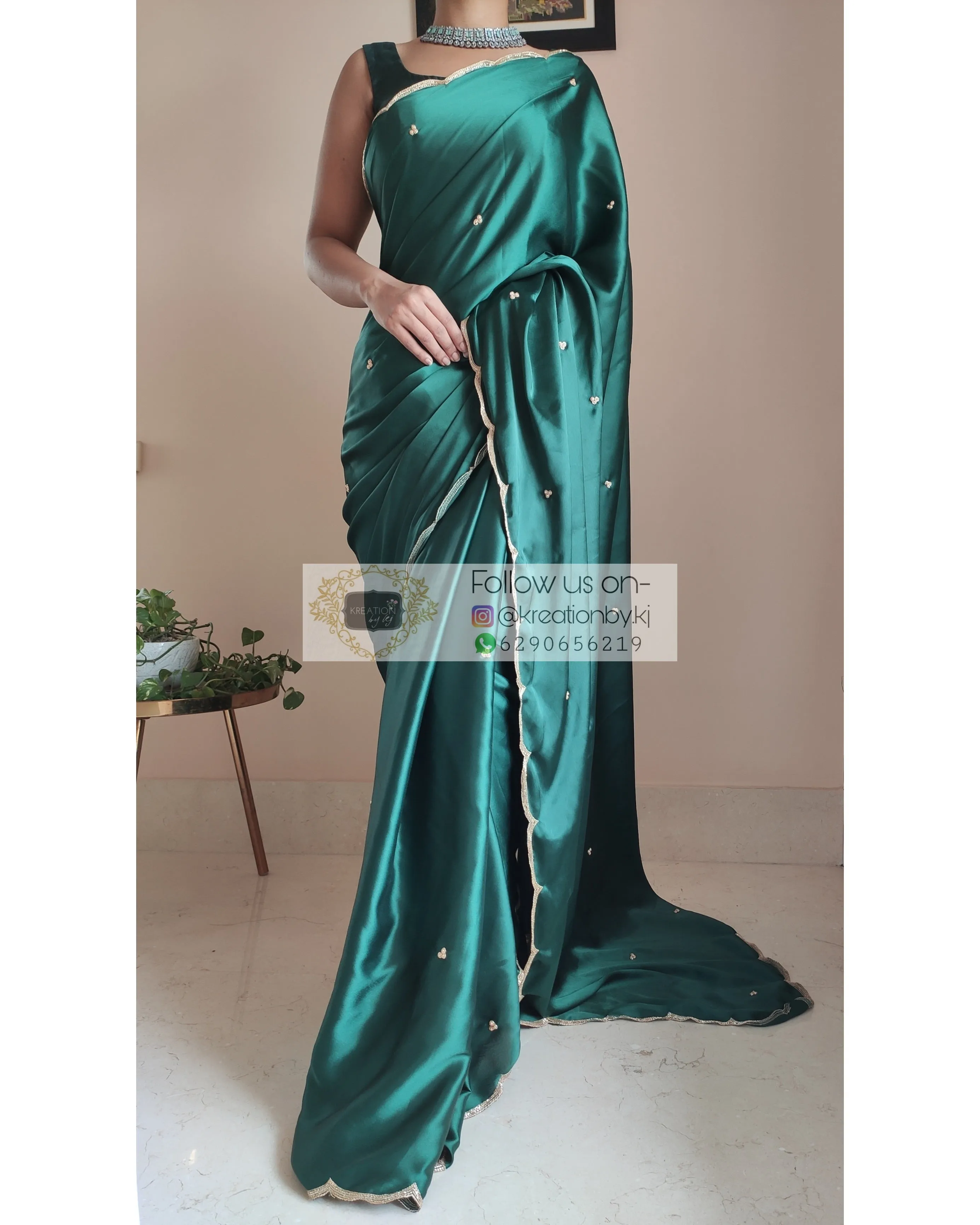 Emerald Green Satin Silk Saree With Handembroidered Scalloping