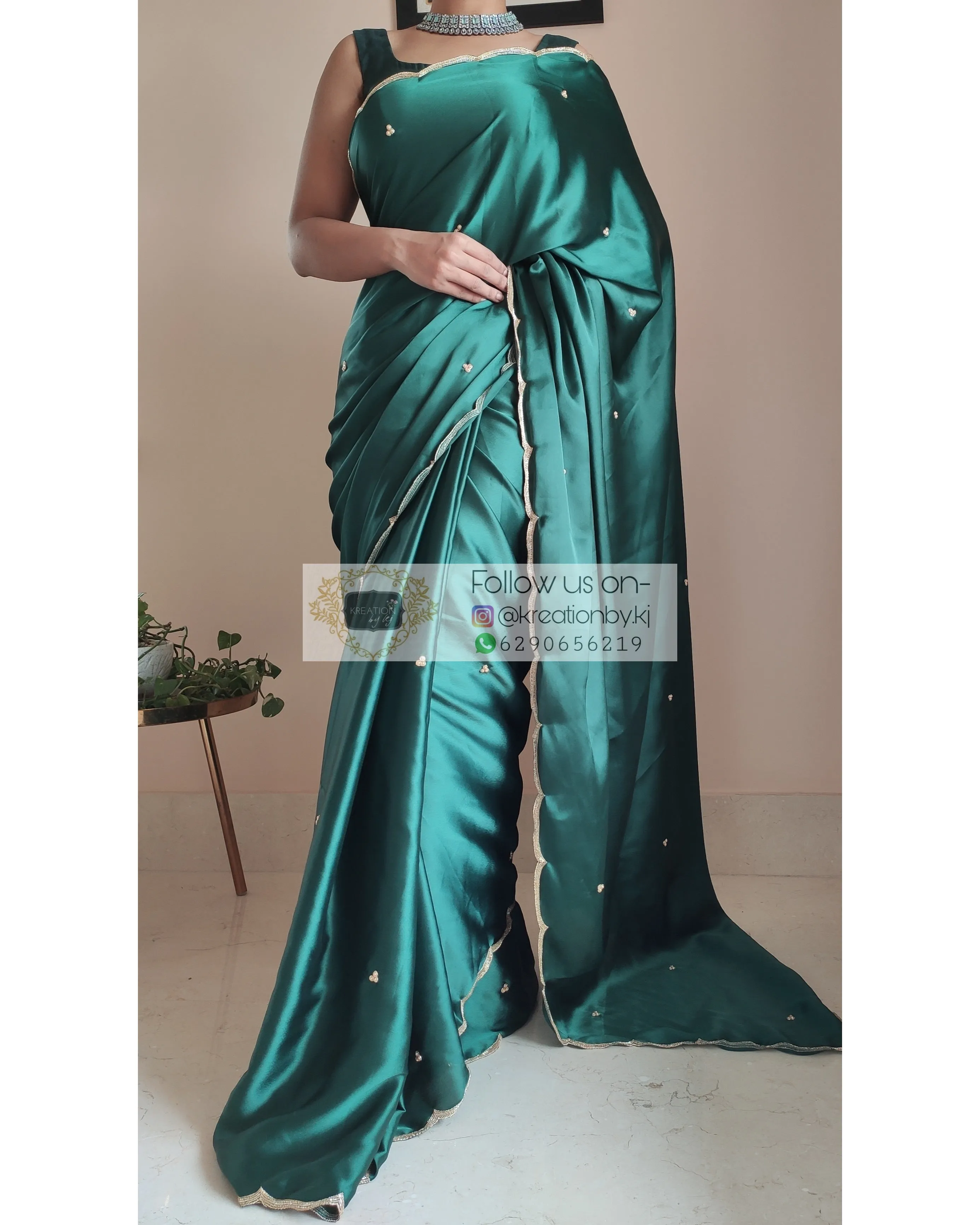 Emerald Green Satin Silk Saree With Handembroidered Scalloping