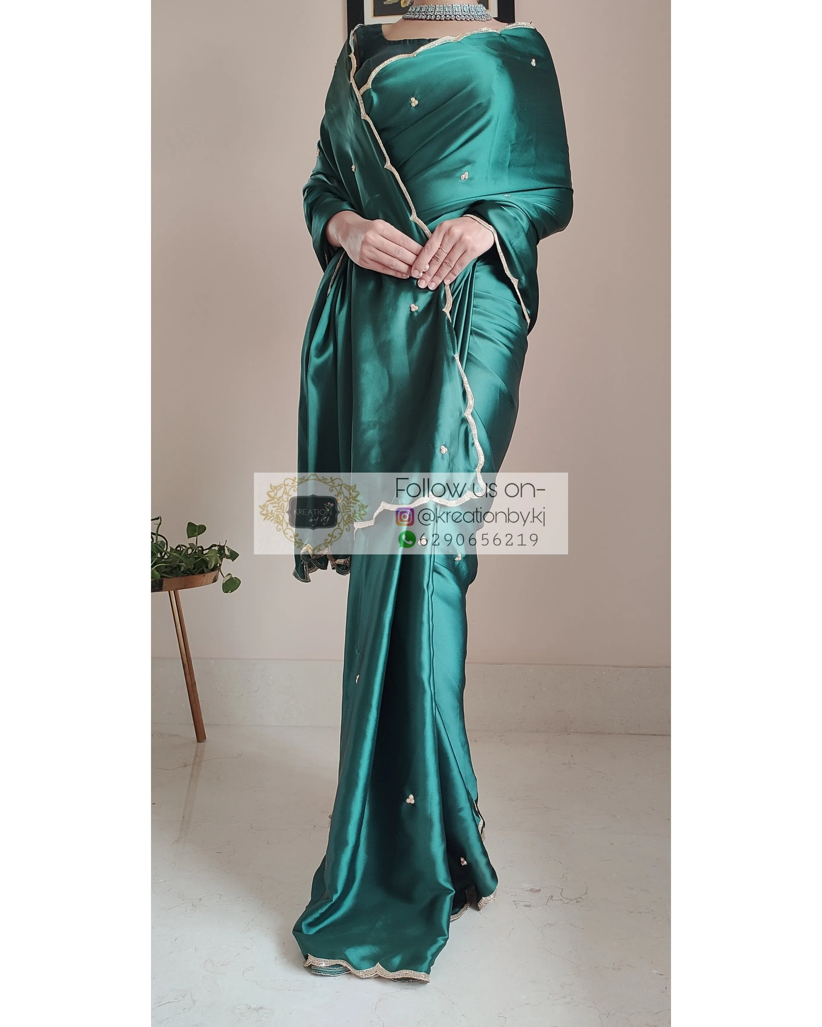 Emerald Green Satin Silk Saree With Handembroidered Scalloping