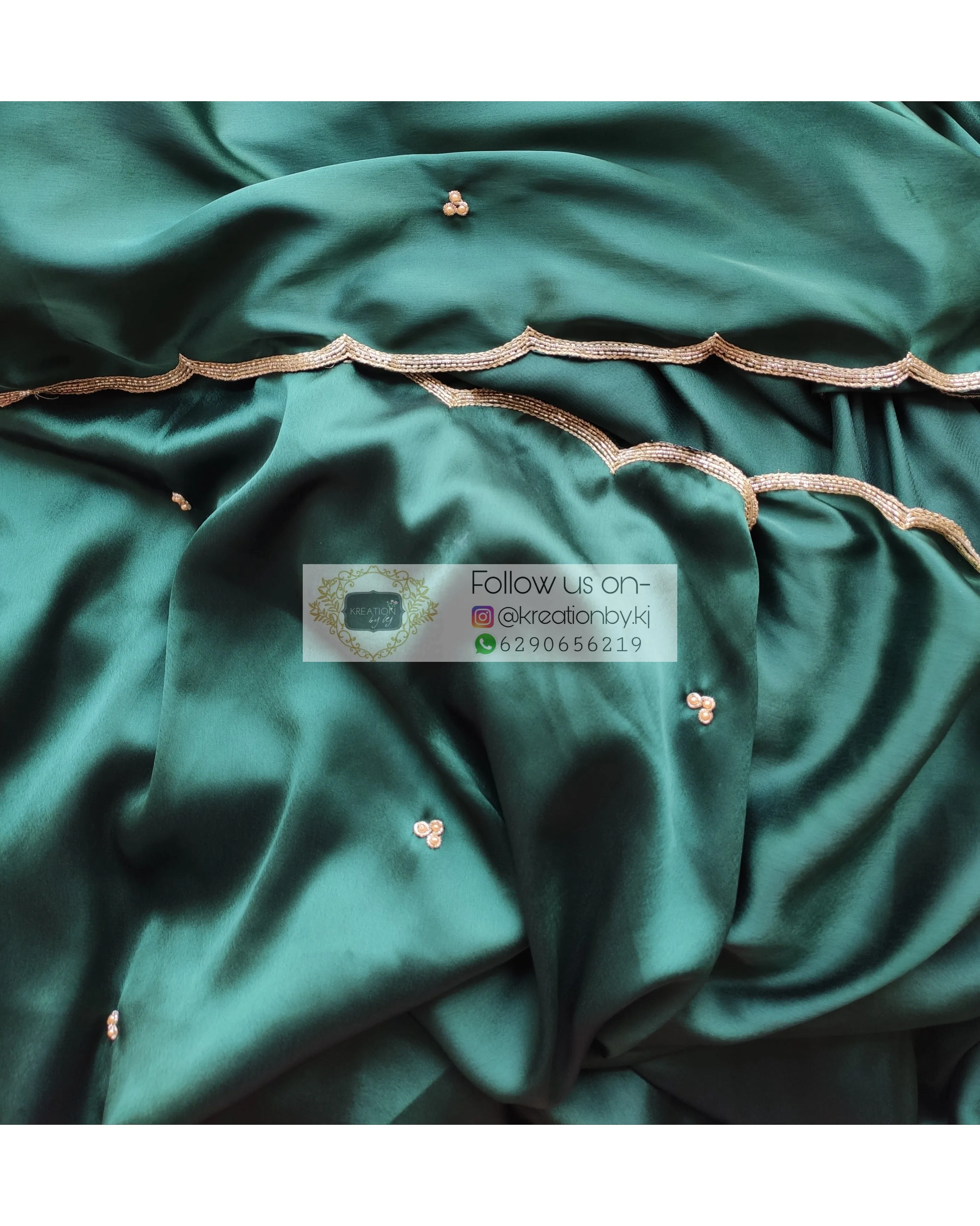 Emerald Green Satin Silk Saree With Handembroidered Scalloping