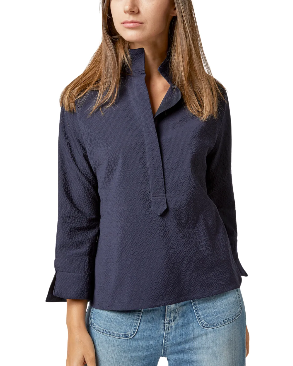 Fanny 3/4 Sleeve Shirt (Navy Stretch Seersucker)