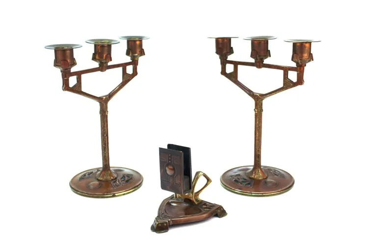 German Jugendstil Enamel Candelabras and Match-Safe