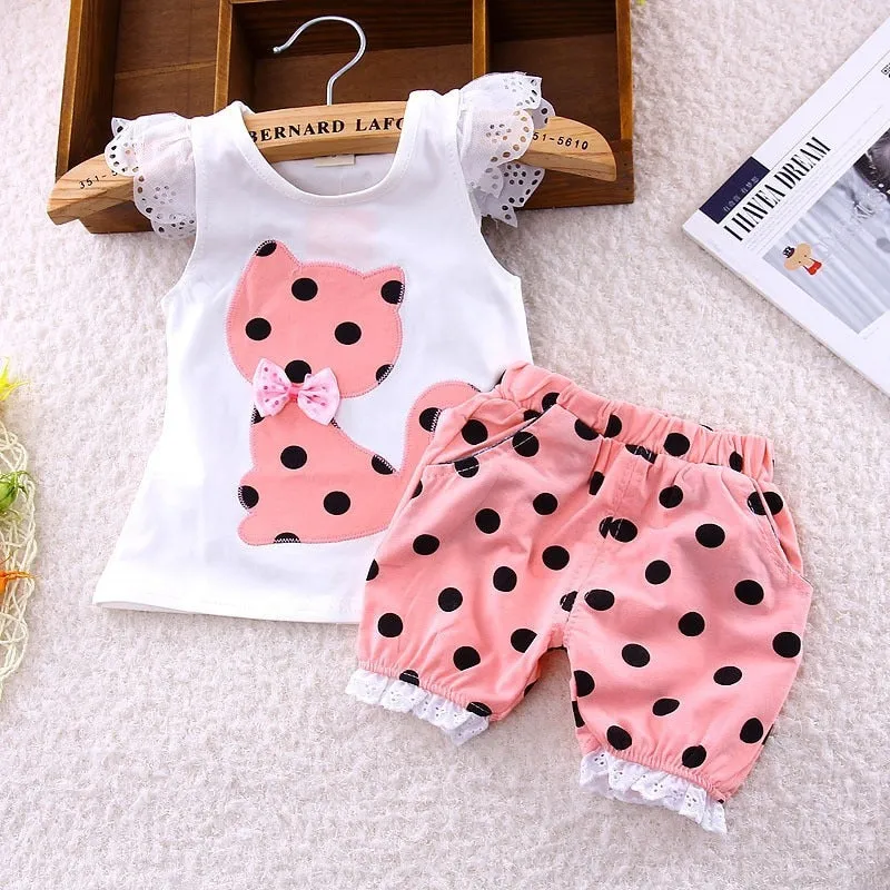 Girls Polka Dot Kitty Image Shorts T-Shirt Set