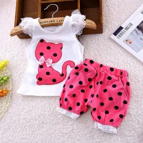 Girls Polka Dot Kitty Image Shorts T-Shirt Set