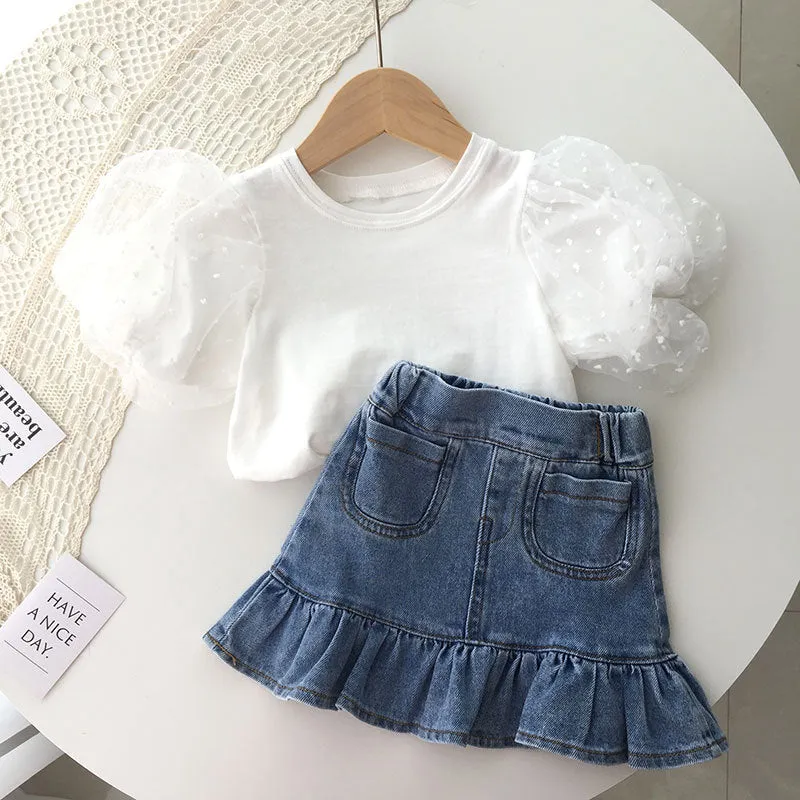 Girls Puff Sleeve White T-shirt Denim Flouncing Fmermaid Skirt  Summer Suit