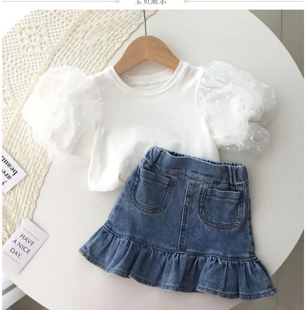 Girls Puff Sleeve White T-shirt Denim Flouncing Fmermaid Skirt  Summer Suit