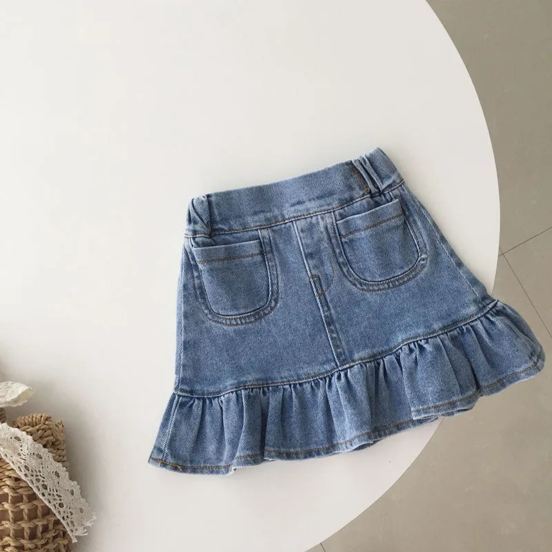 Girls Puff Sleeve White T-shirt Denim Flouncing Fmermaid Skirt  Summer Suit