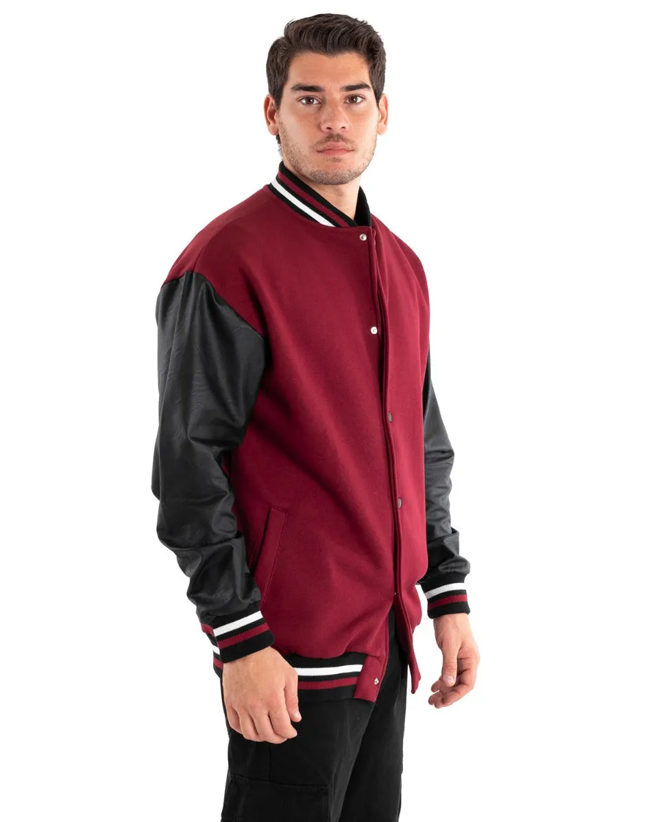 Giubbotto Uomo Giacca College Varsity Ecopelle Bicolore Bordeaux Nero GIOSAL-G2889A