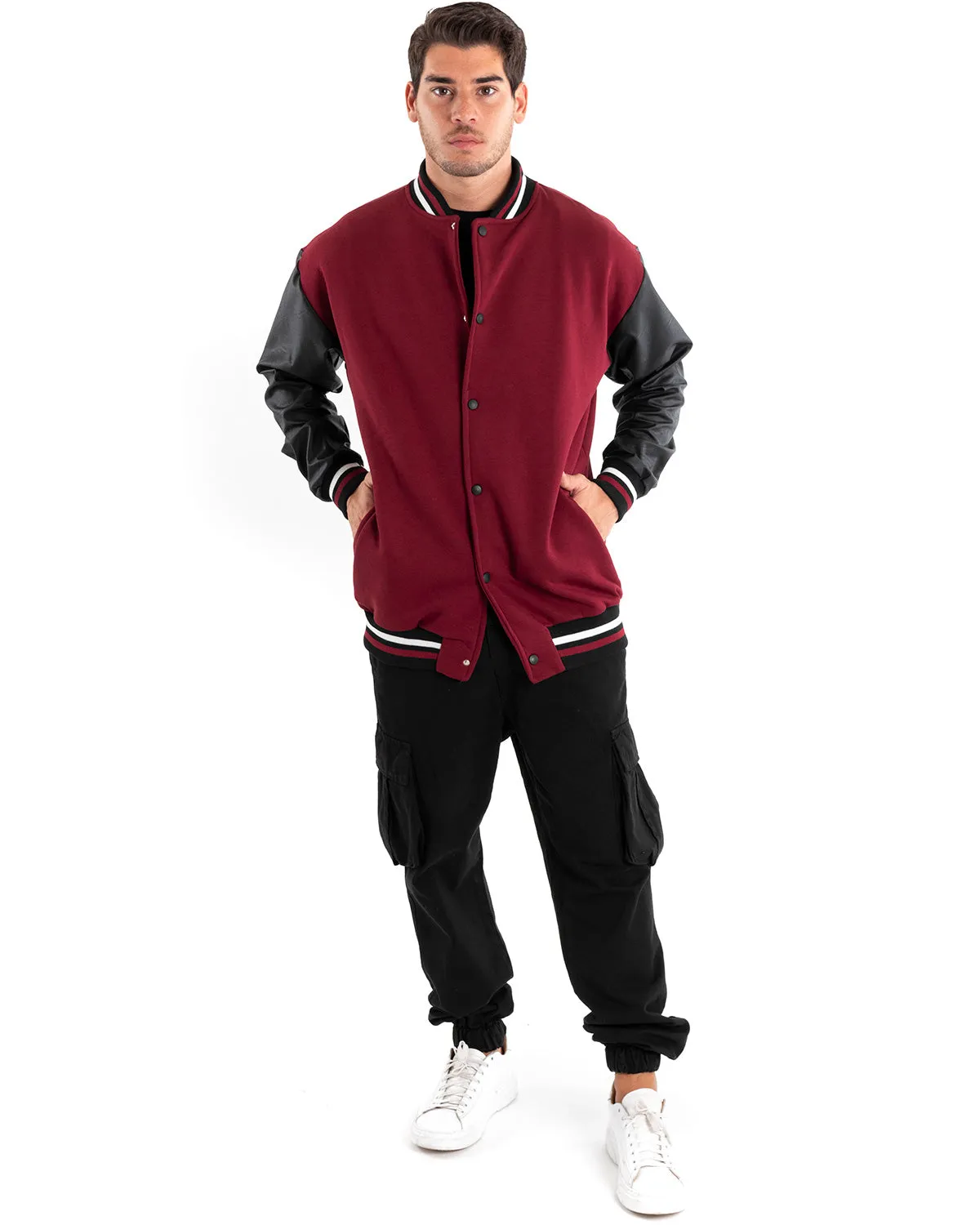 Giubbotto Uomo Giacca College Varsity Ecopelle Bicolore Bordeaux Nero GIOSAL-G2889A