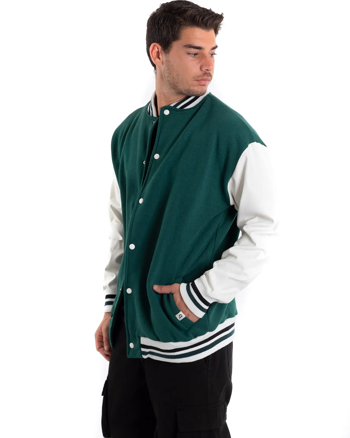 Giubbotto Uomo Giacca College Varsity Ecopelle Bicolore Verde Bianco GIOSAL-G2888A