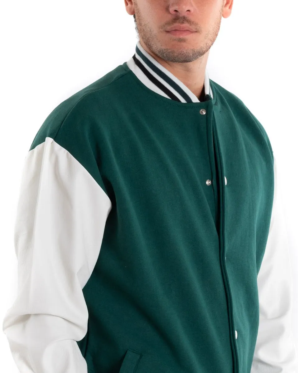 Giubbotto Uomo Giacca College Varsity Ecopelle Bicolore Verde Bianco GIOSAL-G2888A