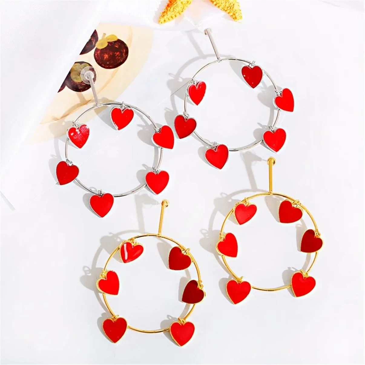 Gold & Silver Oversize Red Heart Round Hoop Big Earrings