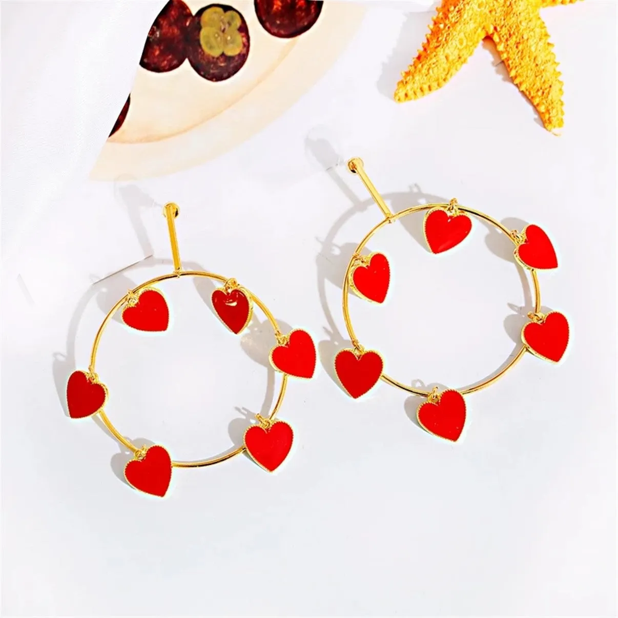 Gold & Silver Oversize Red Heart Round Hoop Big Earrings