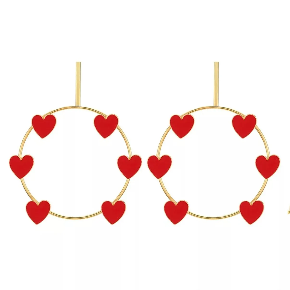 Gold & Silver Oversize Red Heart Round Hoop Big Earrings