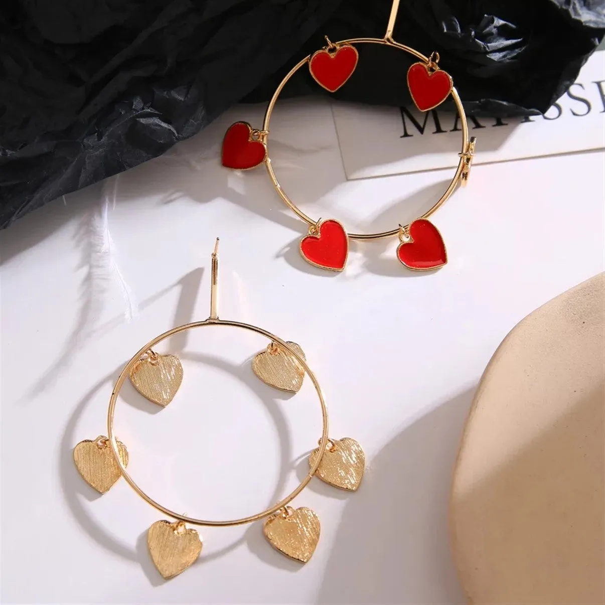 Gold & Silver Oversize Red Heart Round Hoop Big Earrings