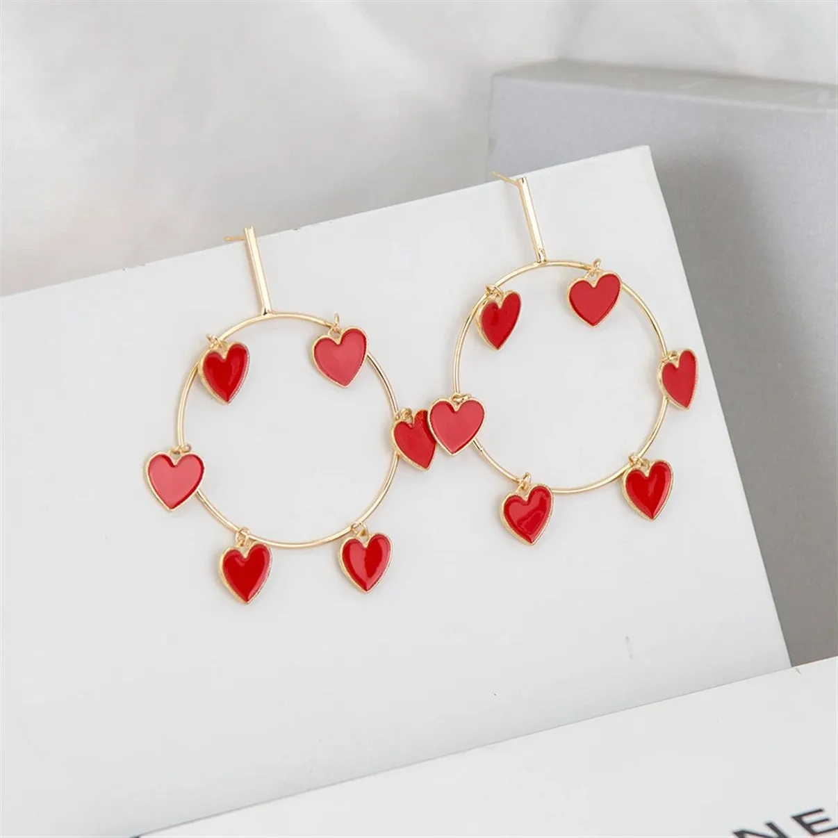 Gold & Silver Oversize Red Heart Round Hoop Big Earrings