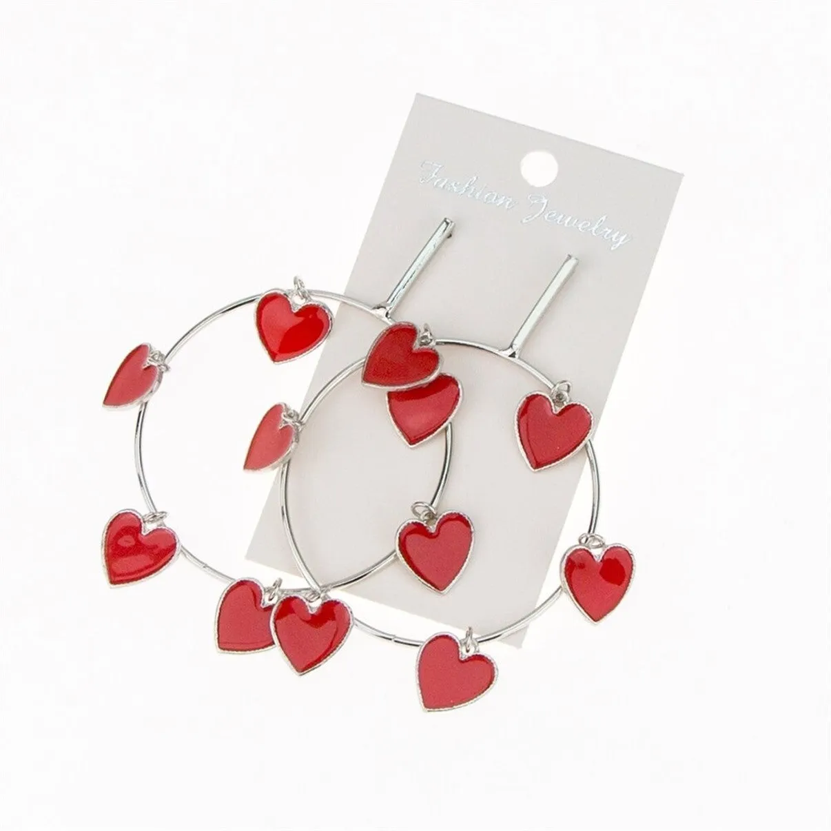 Gold & Silver Oversize Red Heart Round Hoop Big Earrings