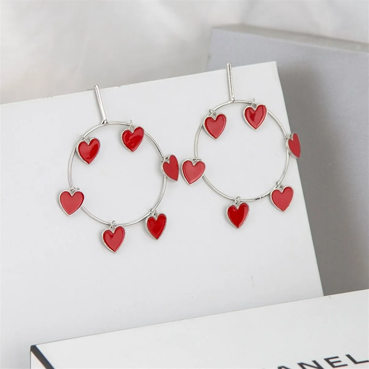 Gold & Silver Oversize Red Heart Round Hoop Big Earrings