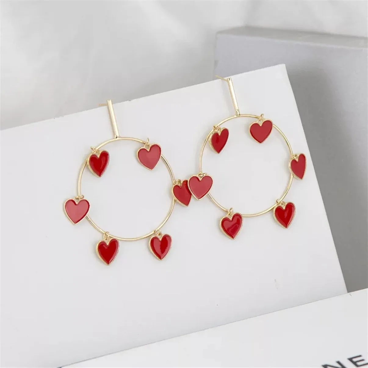 Gold & Silver Oversize Red Heart Round Hoop Big Earrings