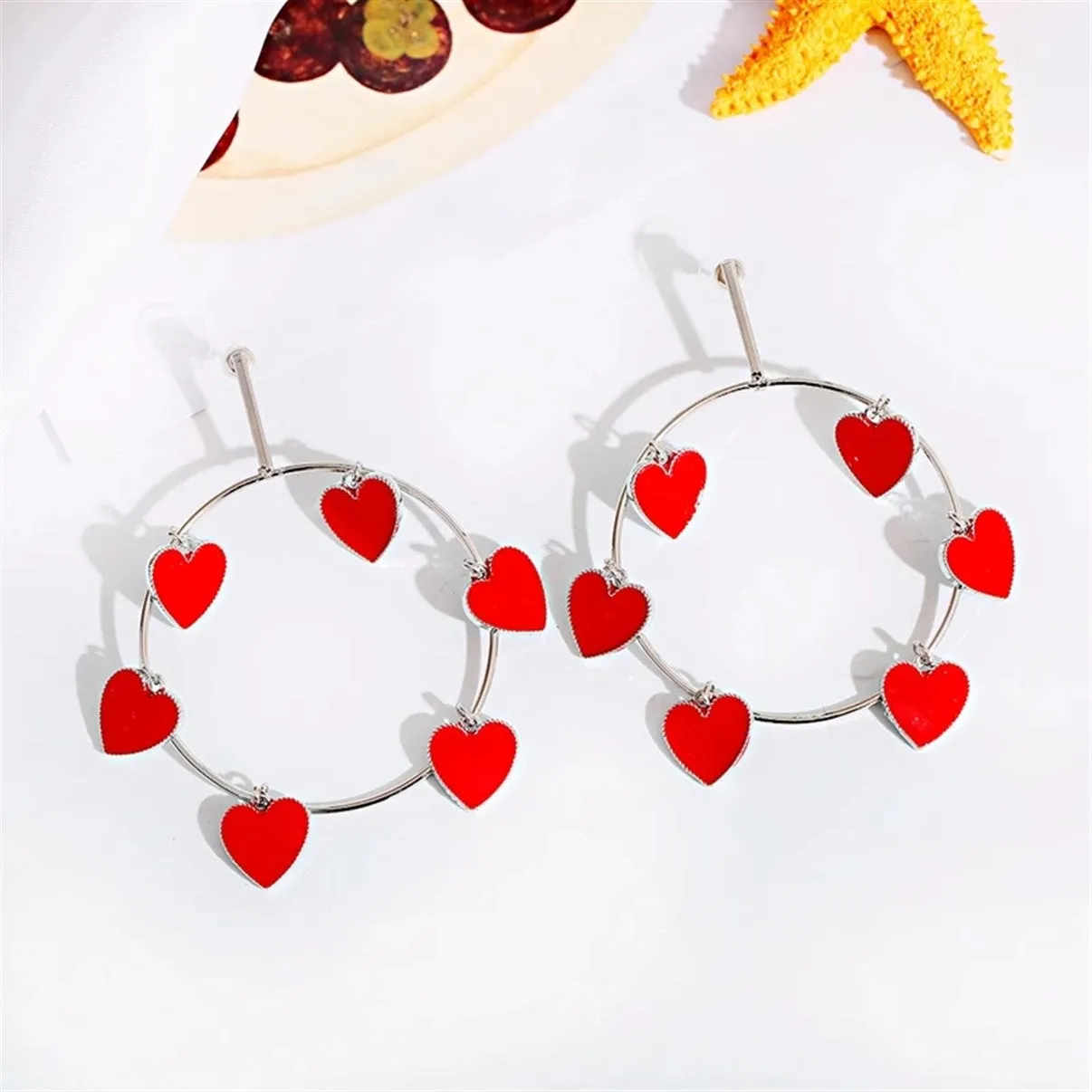 Gold & Silver Oversize Red Heart Round Hoop Big Earrings