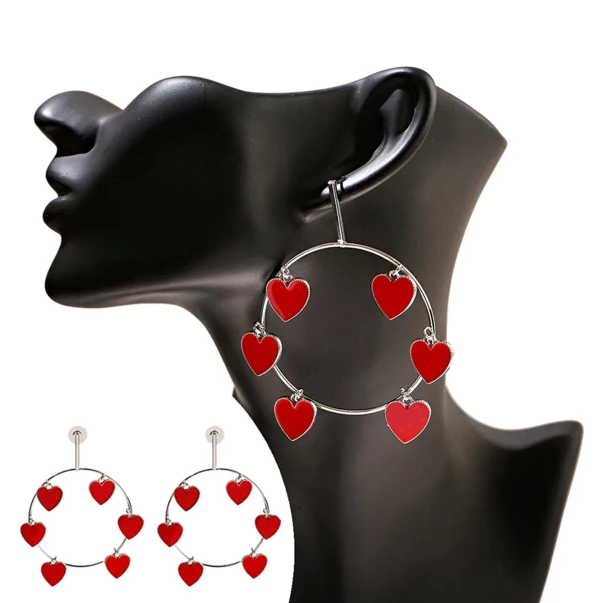 Gold & Silver Oversize Red Heart Round Hoop Big Earrings