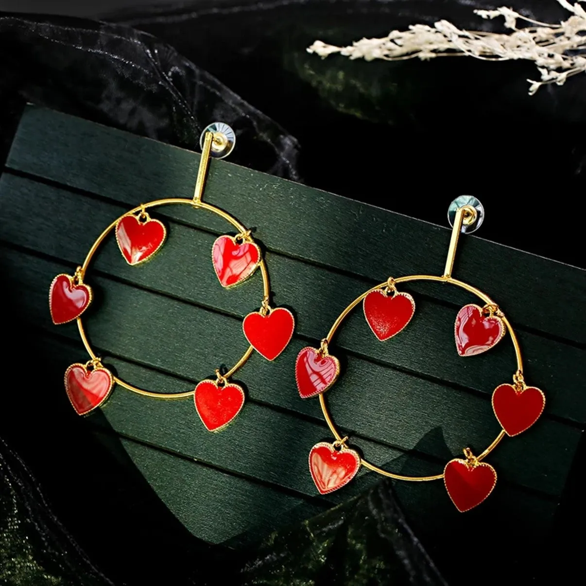 Gold & Silver Oversize Red Heart Round Hoop Big Earrings