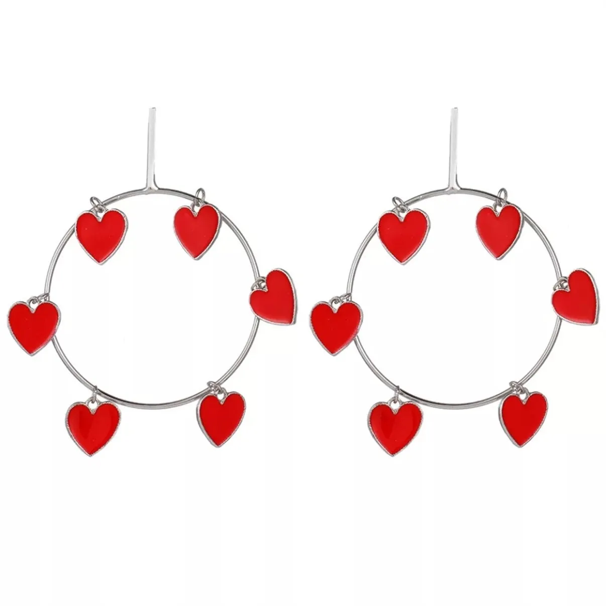 Gold & Silver Oversize Red Heart Round Hoop Big Earrings